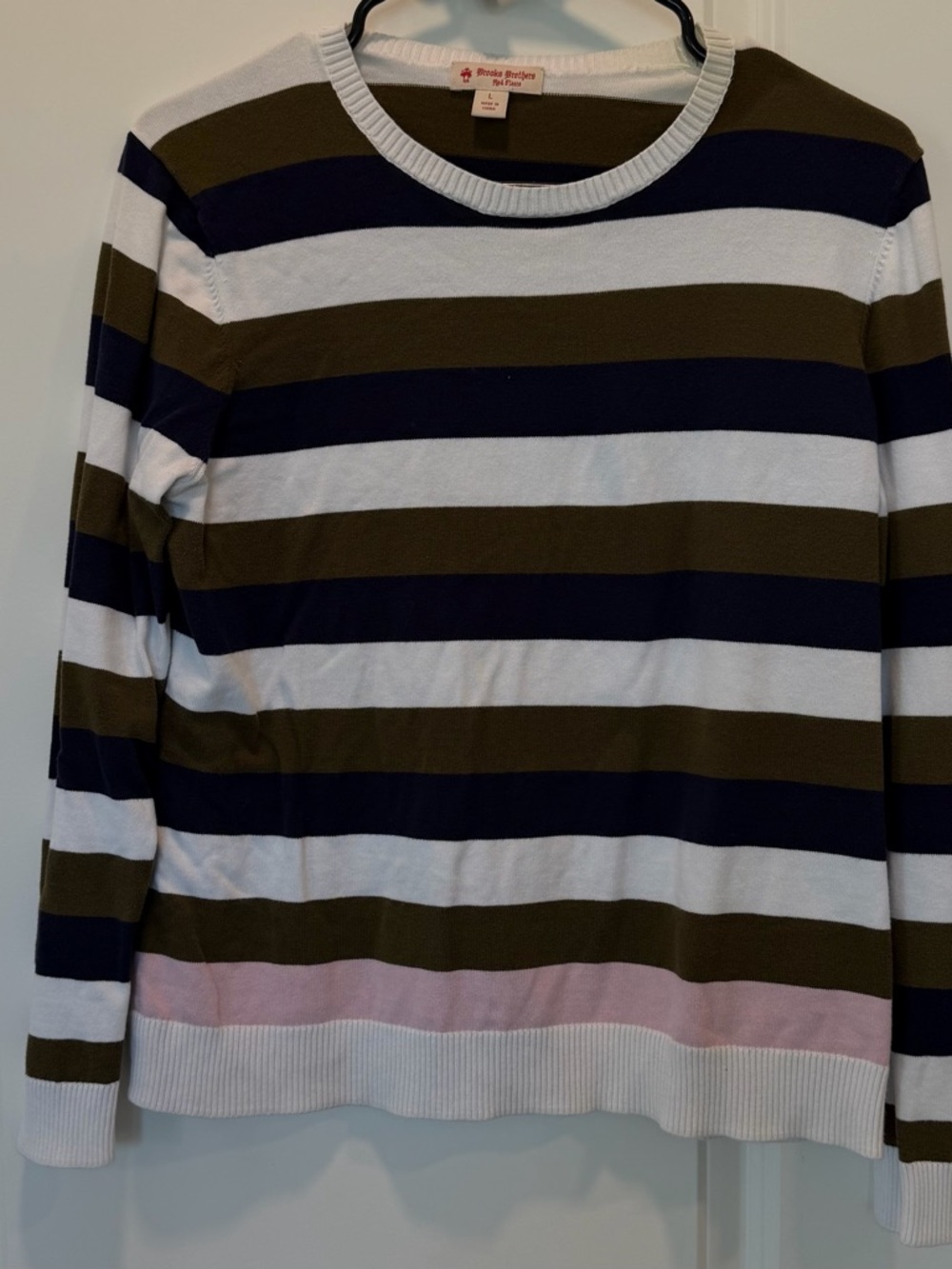 Brooks Brothers Striped Crewneck Sweater in White, Navy, Olive & Pink